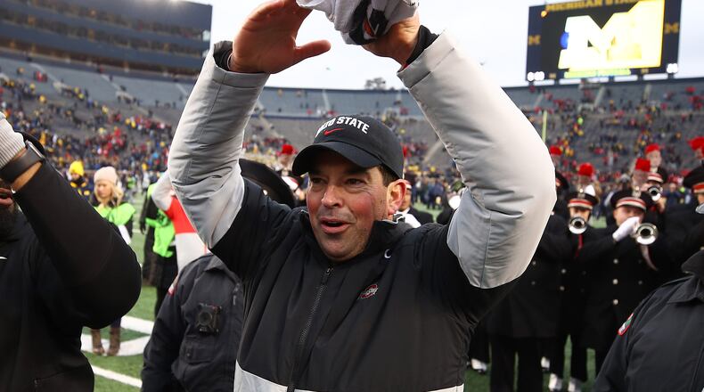 ANN ARBOR, MICHIGAN - NOVEMBER 30: Head coach Ryan Day of the Ohio State Buckeyes celebrates a 56-27 win over the Michigan Wolverines at Michigan Stadium on November 30, 2019 in Ann Arbor, Michigan. (Photo by Gregory Shamus/Getty Images)