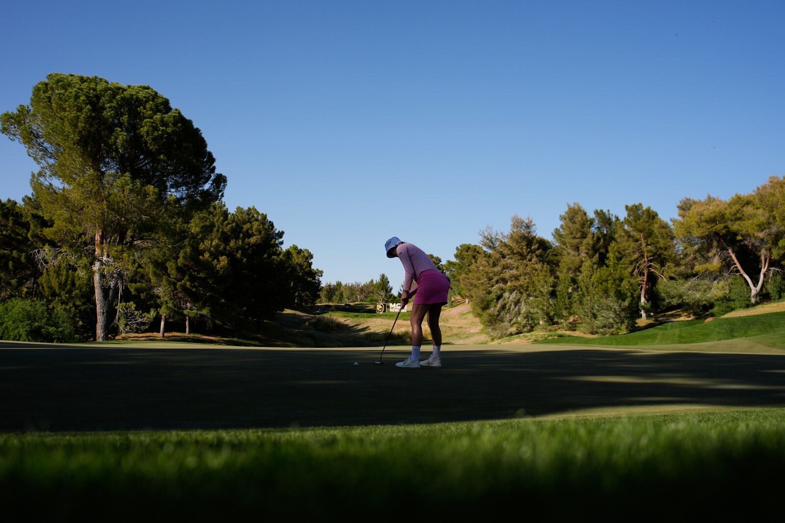 Madelene Sagstrom putts on the 13th green during the final round of the LPGA T-Mobile Match Play golf tournament Sunday, April 6, 2025, in North Las Vegas, Nev. (AP Photo/John Locher)