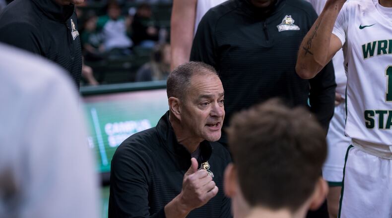 Wright State coach Scott Nagy talks to his team during a game vs. Oakland at the Nutter Center on Jan. 8, 2023. Wright State Athletics photo