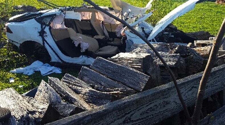 The Butler County Sheriffs Office said Chynna Brandon was driving this 2013 Tesla when it veered off the right side of Millikin Road.