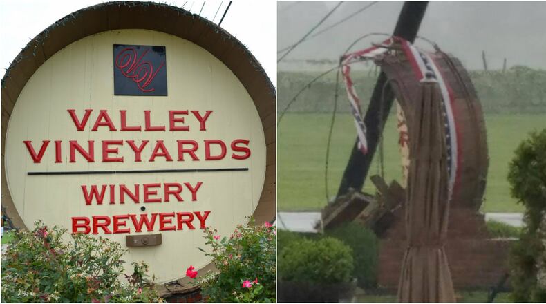 An iconic Valley Vineyards sign was damaged by a pole knocked over in a storm passing through the area on Friday, June 8, 2018. Left: Mark Fisher / staff. Right: Contributed