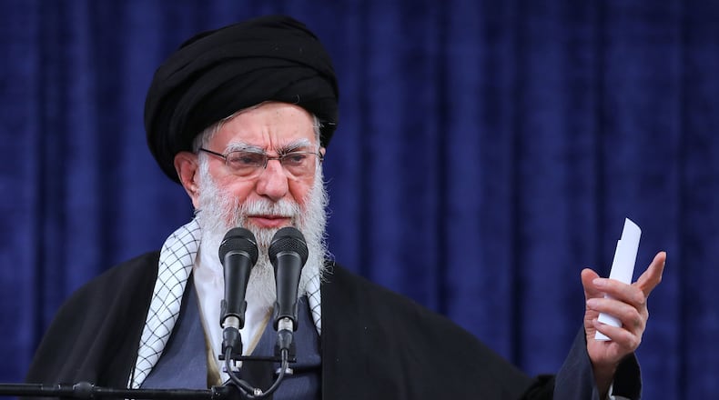 In this photo released by an official website of the office of the Iranian supreme leader, Supreme Leader Ayatollah Ali Khamenei speaks in a meeting in Tehran, Iran, Tuesday, Feb. 17, 2026. (Office of the Iranian Supreme Leader via AP)