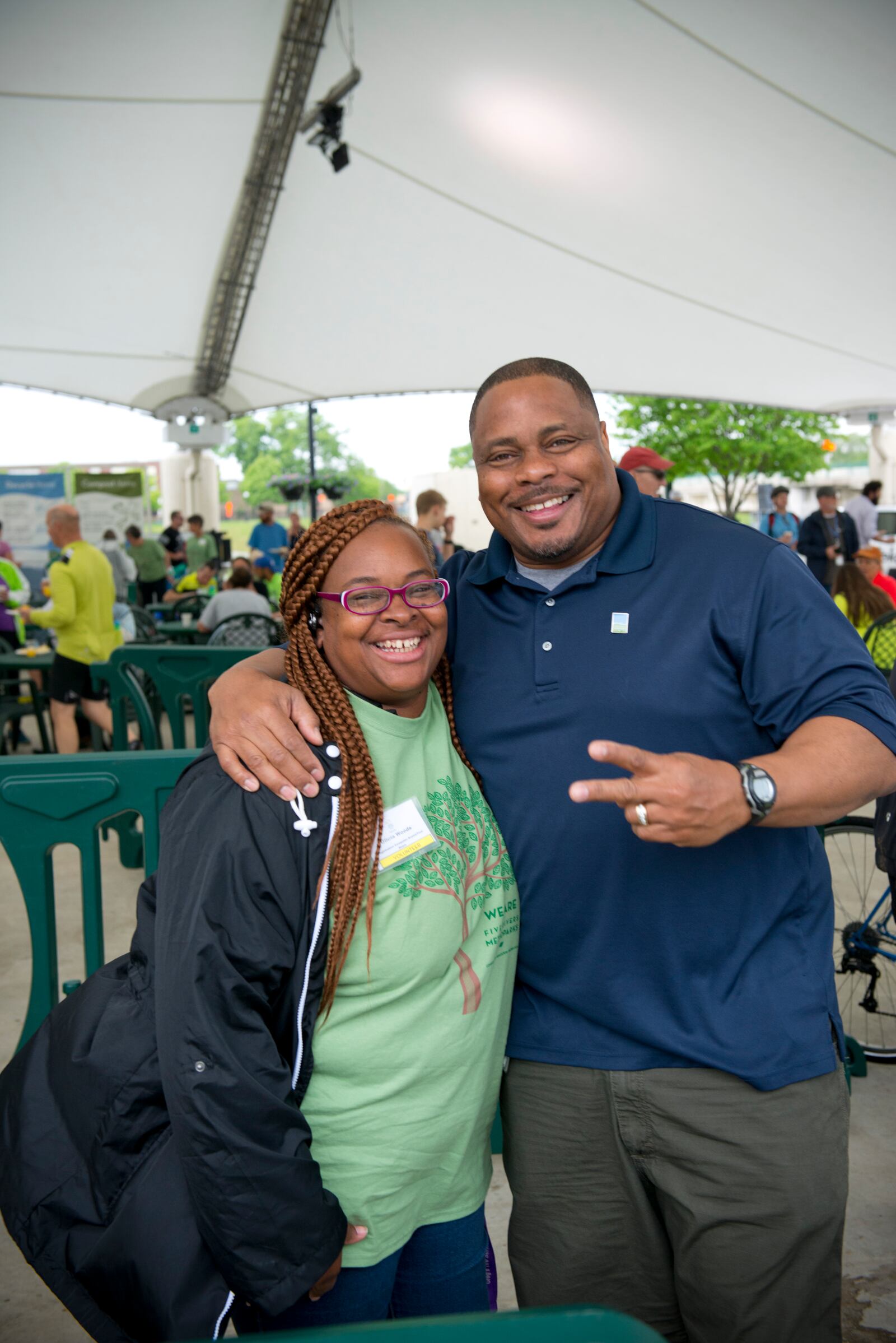 MetroParks Regional Park Manager Paul Williams (right) pictured with a Bike to Work Day volunteer at RiverScape MetroPark. Williams oversees MetroParks’ central zone, including RiverScape, Deeds Point, Sunrise, Wesleyan and Island MetroParks. CONTRIBUTED