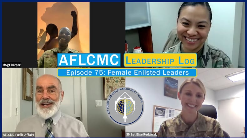 Senior Master Sgt. Elise Redziniak, Air Force Life Cycle Management Center first sergeant; Master Sgt. Celeste Suazo, Headquarters Air Force Materiel Command first sergeant; and Master Sgt. Kesha Harper, 88th Mission Support Group first sergeant, gather in recognition of Women's History Month on AFLCMC's Leadership Log podcast to discuss their careers and the Air Force. U.S. AIR FORCE GRAPHIC/JIM VARHEGYI
