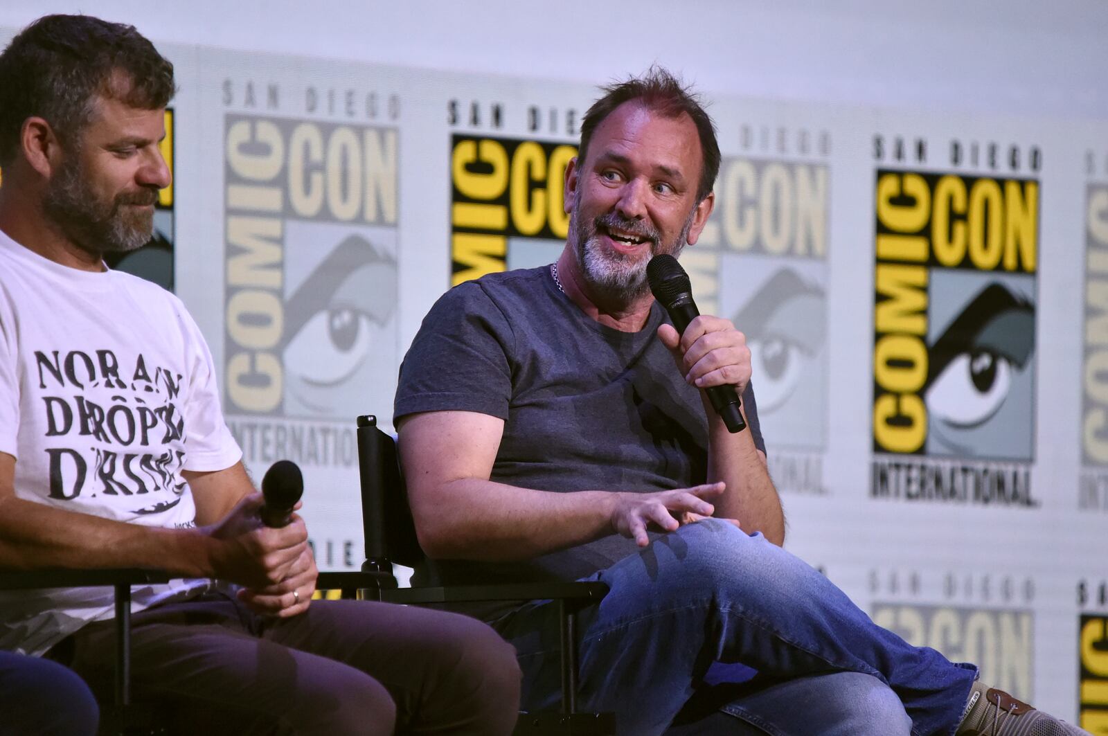 Matt Stone, left, and Trey Parker attend the Comedy Central Adult Animation: "South Park," "Beavis & Butt-Head," and "Digman!" panel during Comic-Con International on Thursday, July 24, 2025, in San Diego. (Photo by Richard Shotwell/Invision/AP)