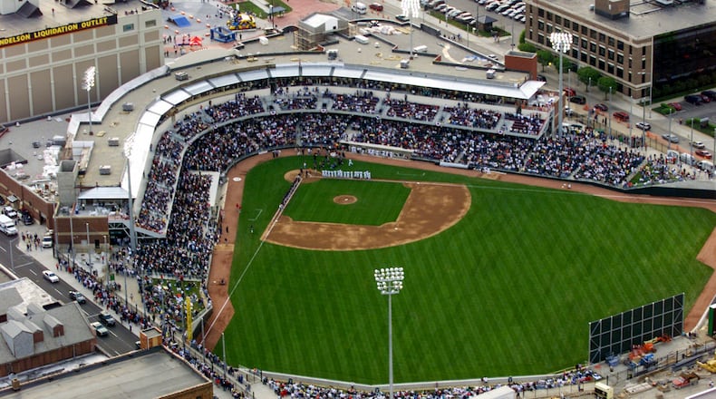 4-27-00  ---  Aerial view of Fifth Third Field on Dagons opening night in Dayton.Dragons opening day, April 27, 2000.