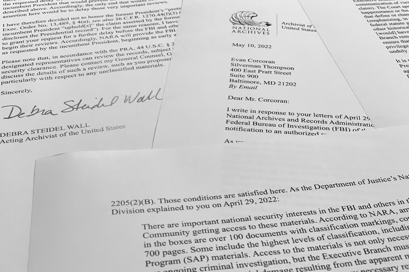 FILE - A letter from acting archivist of the United States Debra Steidel Wall to former President Donald Trump's legal team is photographed, Aug. 23, 2022. The letter details that the National Archives recovered 100 documents bearing classified markings, totaling more than 700 pages, from an initial batch of 15 boxes retrieved from Mar-a-Lago earlier in 2022. (AP Photo/Jon Elswick, File)