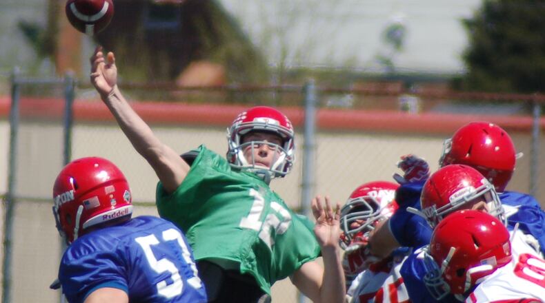 Flyers quarterback Alex Jeske releases a 59-yard scoring strike to Jack Euritt on Sunday, April 24, 2016, during the annualUniversity of Dayton Red-White game at Welcome Stadium. Jeske led the red team to a 35-13 win. Contributed by John Cummings