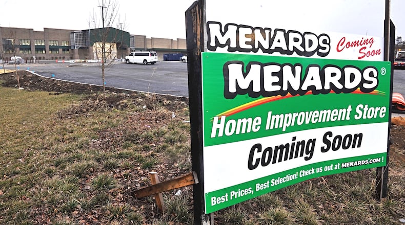 Work continues on the new Menards home improvement store in Fairborn on Dayton-Yellow Springs Road. Officials said the story is tentatively expected to open in mid-May. MARSHALL GORBY/STAFF