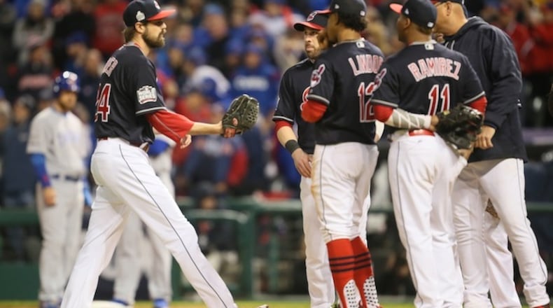 Cleveland Indians reliever Andrew Miller comes into the game against the Chicago Cubs in the seventh inning during Game 1 of the World Series on Tuesday, Oct. 25, 2016, at Progressive Field in Cleveland. Major League Baseball intends to make rule changes to speed up games. (Michael Chritton/Akron Beacon Journal/TNS)