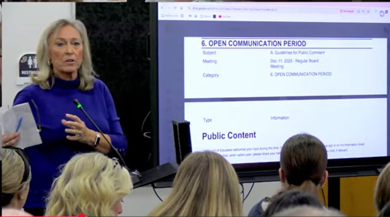 Jennifer Santoro of Christ Church Bellbrook speaks in favor of book restrictions at a recent Bellbrook-Sugarcreek Local Schools meeting. Courtesy of Bellbrook schools.