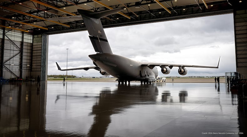 C-17 leaves a Sierra Nevada Corp. hangar in Dayton, following mission-critical capability integrations. Sierra Nevada photo