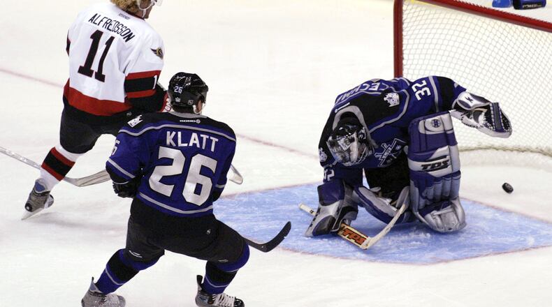 LOS ANGELES - OCTOBER 15: Daniel Alfredson #11 of the Ottawa Senators scores through the five-hole past goaltender Roman Cechmanek #30 of the Los Angeles Kings on October 15, 2003 at Staples Center in Los Angeles, California. (Photo by Victor Decolongon/Getty Images)