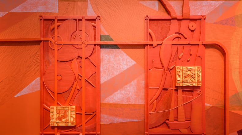 Hannah Parrett, Detail of 'a bright landscape in so dreadful a hue as to inspire sentiments of awe (Yellow-Red, After Johann Wolfgang von Goethe, Theory of Color)', 2025, Latex paint, chalk, foam, Aqua-Resin, metal, plaster, basswood, cherry wood, 14x39x3 ft. CONTRIBUTED