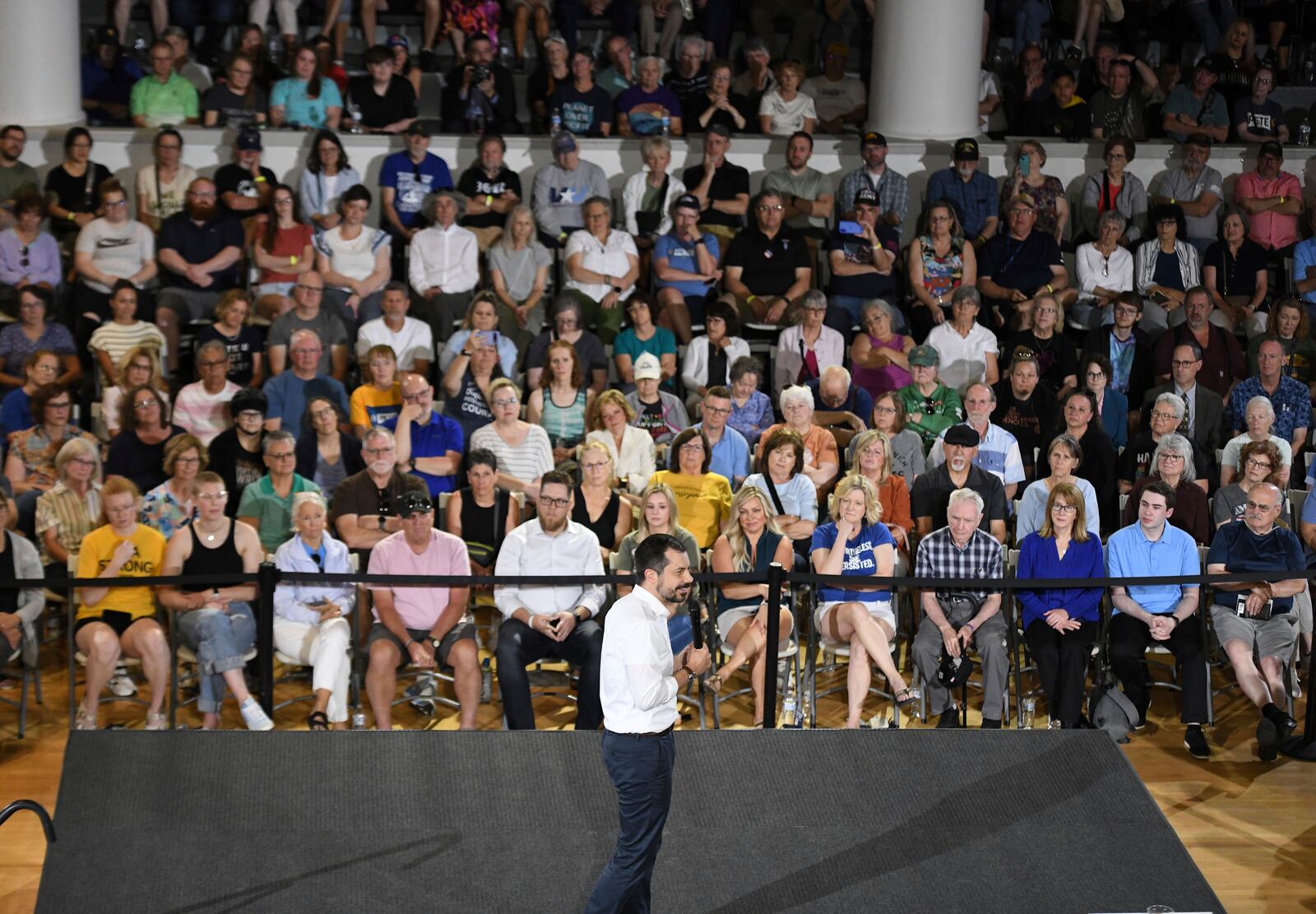 Former U.S. Secretary of Transportation Pete Buttigieg answers questions from the audience during a VoteVets Town Hall, Tuesday, May 13, 2025, in Cedar Rapids, Iowa. (AP Photo/Cliff Jette)