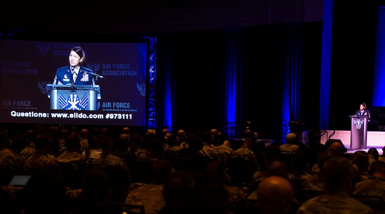 Chief Master Sgt. of the Air Force JoAnne S. Bass delivers remarks and recognizes the 12 Outstanding Airmen of the Year during the 2021 Air Force Association Air, Space and Cyber Conference in National Harbor, Md., Sept. 20. During her opening remarks, Bass reiterated the Air Force’s need to embrace near-peer competition and opened the floor to questions and answers. U.S. AIR FORCE PHOTO/STAFF SGT. ADAM R. SHANKS