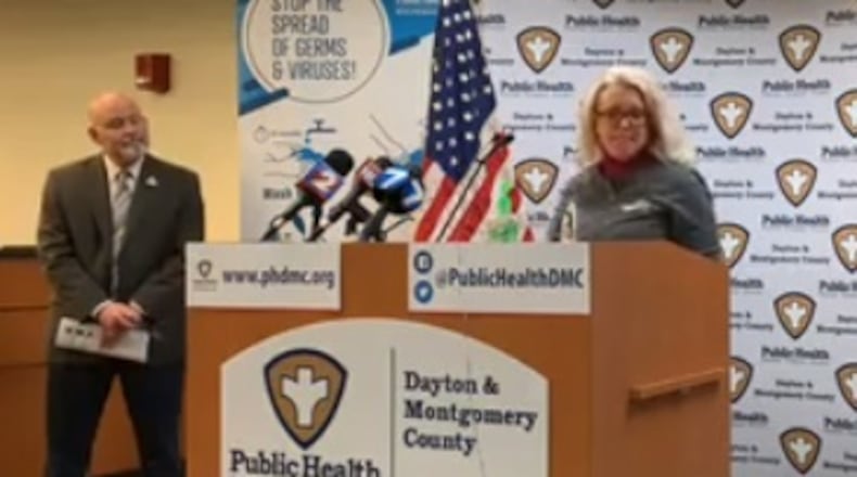 Teresa Williams, chief operating officer for CompuNet, speaks during a Public Health - Dayton & Montgomery County daily press conference on the coronavirus situation Tuesday, March 24, 2020. At left is Health Commissioner Jeff Cooper.