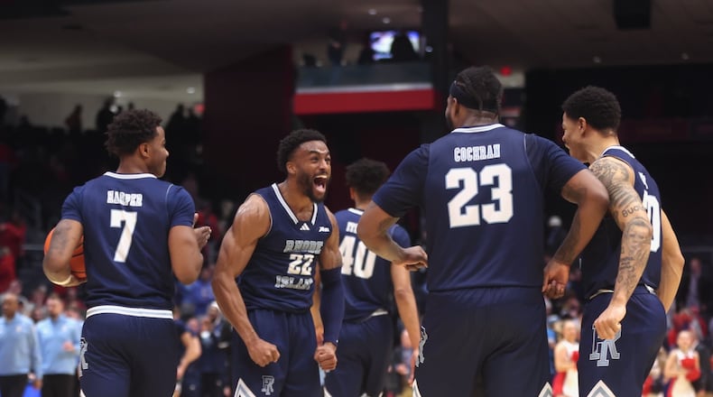 Rhode Island celebrates a victory against Dayton on Tuesday, Jan. 27, 2026, at UD Arena. David Jablonski/Staff