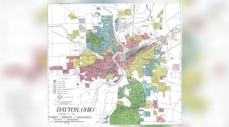 Redlining map of Dayton created by the Home Owners’ Loan Corporation in 1935. Red areas show parts of town deemed most at risk for bank loans because of factors including the racial makeup of who lived there.