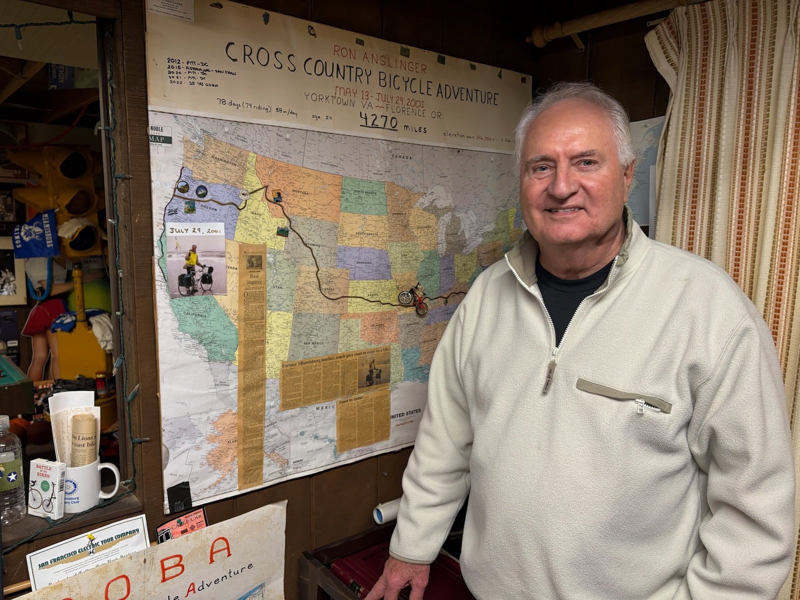 Miamisburg High School boys basketball scorekeeper Ron Anslinger went on a cross country bicycle adventure in 2001, riding 4,270 miles in more than two months. Anslinger has a map of his route displayed at his home. TOM ARCHDEACON / CONTRIBUTED PHOTO