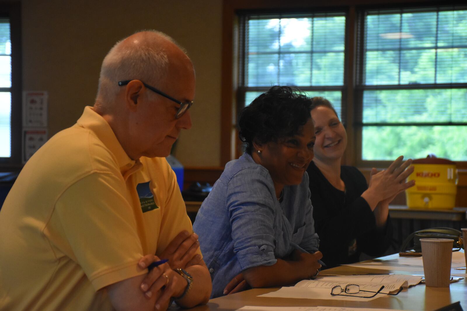 Five Rivers MetroParks Board of Commission members Bear Monita, Karen Davis and Jessica Salem at a board meeting on June 14, 2024. CORNELIUS FROLIK / STAFF