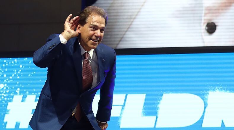 PHILADELPHIA, PA - APRIL 27:  Nick Saban, head football coach at the University of Alabama, poses on stage prior to the first round of the 2017 NFL Draft at the Philadelphia Museum of Art on April 27, 2017 in Philadelphia, Pennsylvania.  (Photo by Elsa/Getty Images)