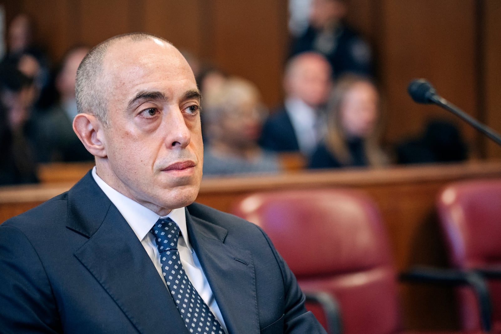 FILE - Emil Bove, attorney for former US President Donald Trump, sits Manhattan criminal court during Trump's sentencing in the hush money case in New York, Jan. 10, 2025. (Jeenah Moon/Bloomberg via AP, Pool, File)