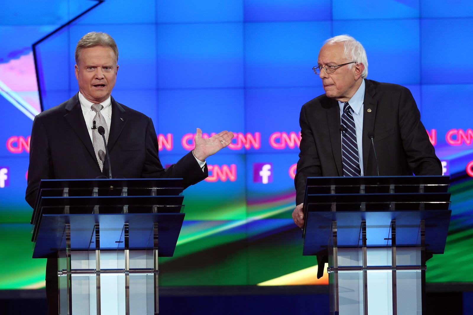 LAS VEGAS, NV - OCTOBER 13: Democratic presidential candidates Jim Webb (L) and Sen. Bernie Sanders (I-VT) take part in a presidential debate sponsored by CNN and Facebook at Wynn Las Vegas on October 13, 2015 in Las Vegas, Nevada. Five Democratic presidential candidates are participating in the party's first presidential debate. (Photo by Joe Raedle/Getty Images)