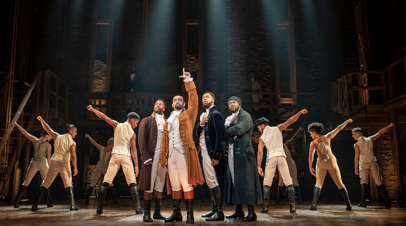 "Hamilton," depicted here with a photo of the 2021 national touring cast, was presented Oct. 1-13, 2024 at the Schuster Center courtesy of Dayton Live. JOAN MARCUS/CONTRIBUTED