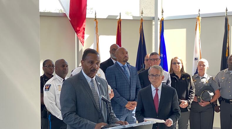 Patrick Oliver, director of Cedarville University’s criminal justice program, addresses the media at the news conference where Gov. Mike DeWine announced the College to Law Enforcement Pathway program. Photo contributed by Mark D. Weinstein, Cedarville University