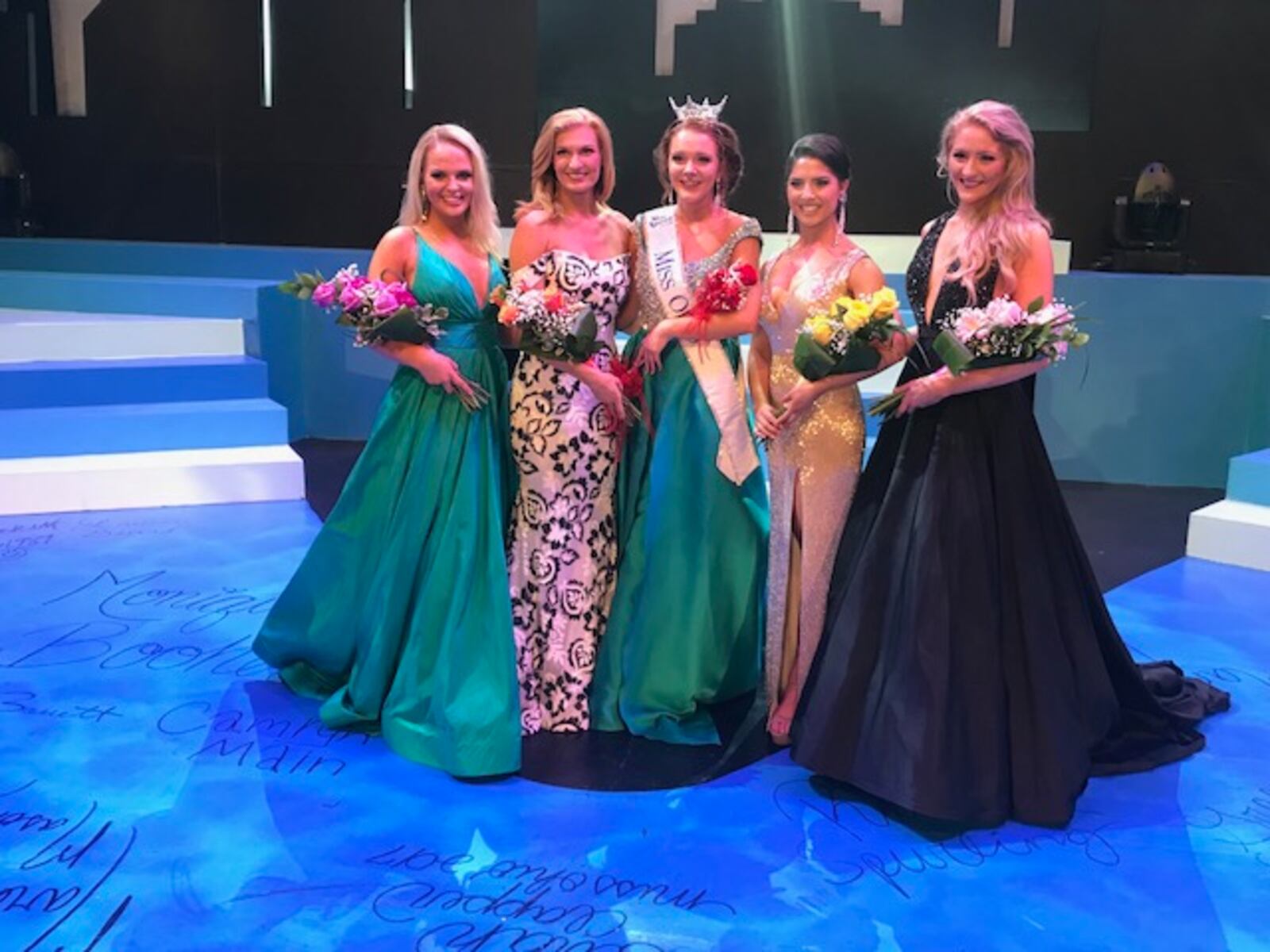 This year's Miss Ohio Matti-Lynn Chrisman poses on stage with runner-ups.