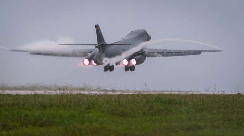 FILE - In this photo released by the U.S. Air Force, a Air Force B-1B Lancer bomber takes off from Andersen Air Force Base, Guam, to fly a mission with two Koku Jieitai (Japan Air Self-Defense Force) F-15s, Sept. 9, 2017. (Senior Airman Jacob Skovo/U.S. Air Force via AP)