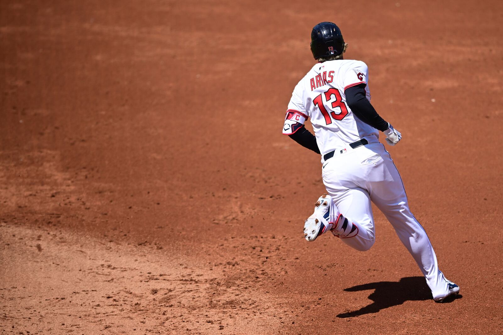 Cleveland Guardians' Gabriel Arias runs after hitting a double during the first inning of a baseball game against the New York Yankees, Wednesday, April 23, 2025, in Cleveland. (AP Photo/David Dermer)