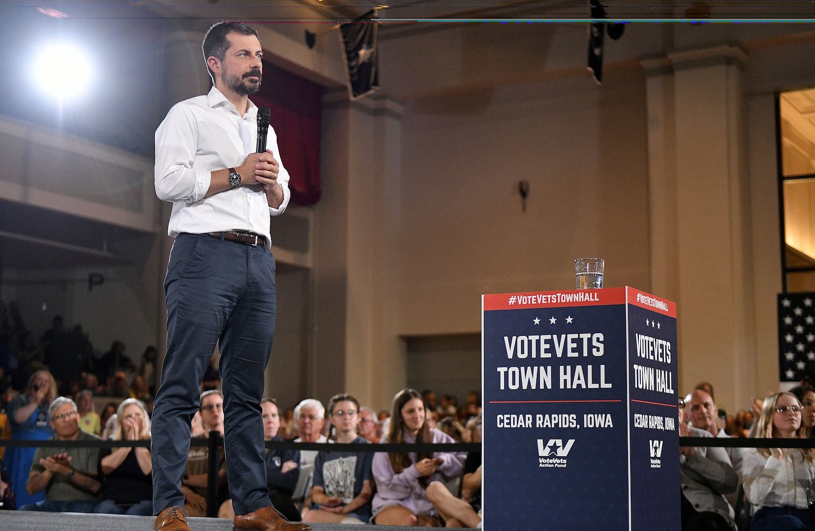 Former U.S. Secretary of Transportation Pete Buttigieg listens to a question from the audience during a VoteVets Townhall, Tuesday, May 13, 2025, in Cedar Rapids, Iowa. (AP Photo/Cliff Jette)