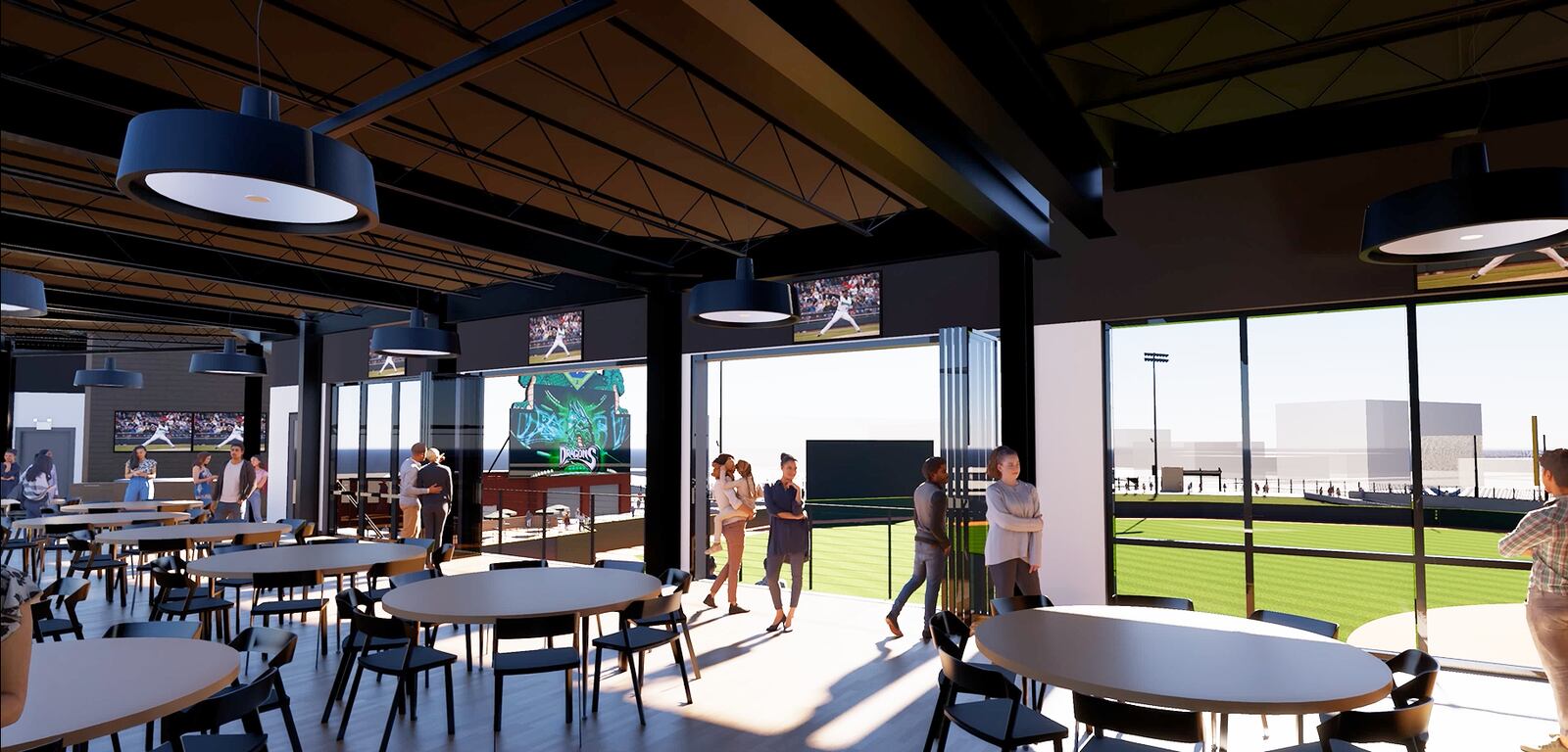 The Dayton Dragons on June 3, 2025 unveiled plans for their new Dragons Diamond Club Event Center, a first-of-its-kind event venue under construction on the third base side of Day Air Ballpark in downtown Dayton. Contributed rendering from Dayton Dragons