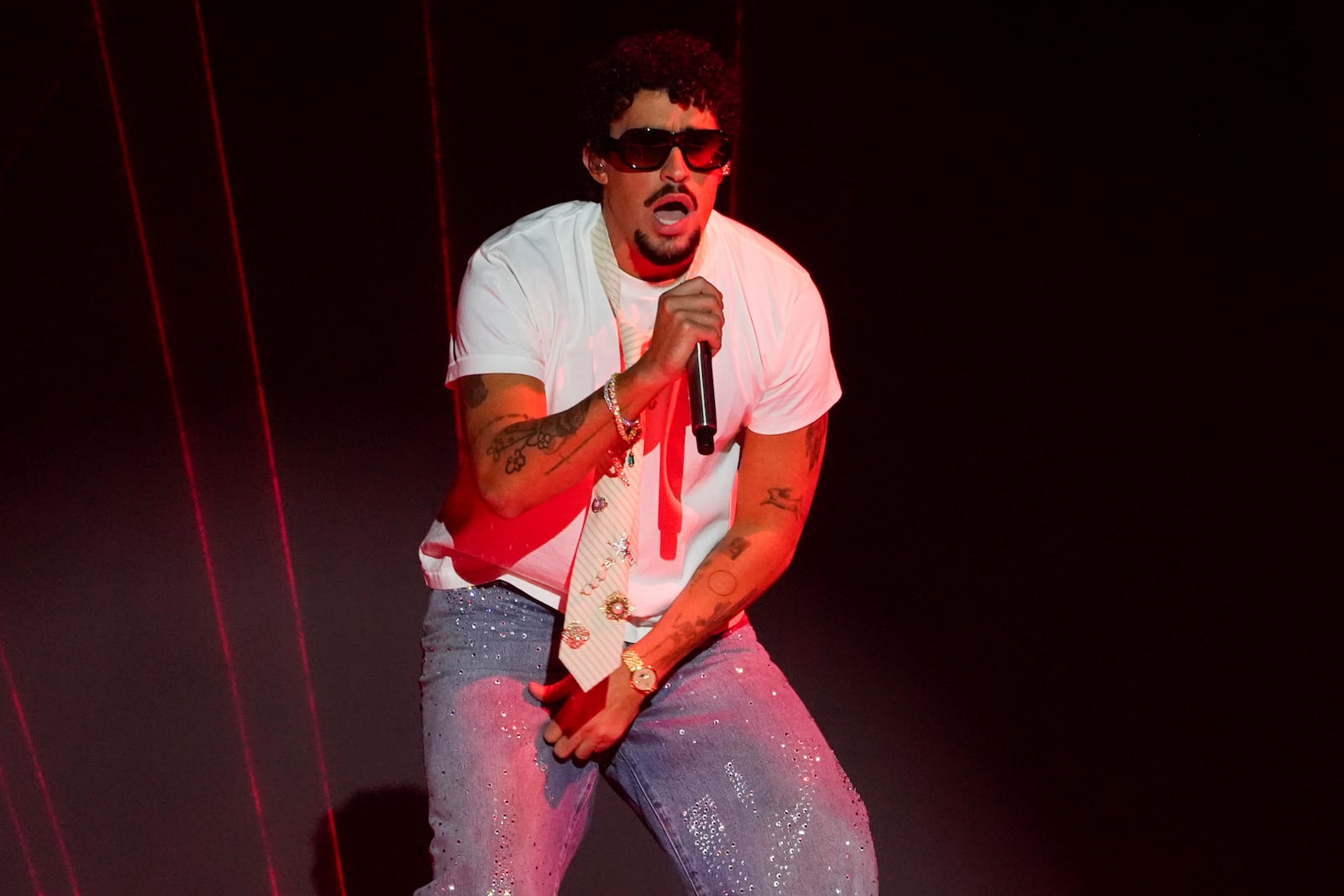 FILE - Bad Bunny performs during the iHeartRadio Music Awards in Los Angeles on March 17, 2025. (AP Photo/Chris Pizzello, File)