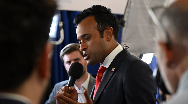 Vivek Ramaswamy gives an interview in the spin room after the first Republican presidential primary debate, at the Fiserv Forum in Milwaukee on Wednesday, Aug. 23, 2023. (Kenny Holston/The New York Times).