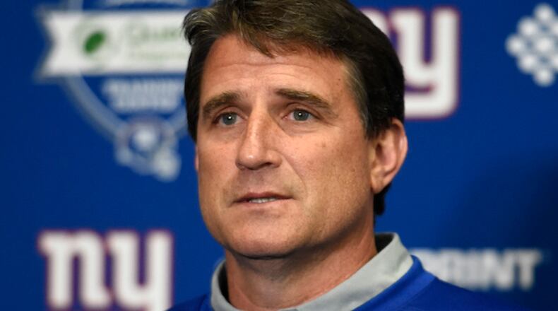 New York Giants offensive coordinator Mike Shula speaks to the media in the training center in East Rutherford, NJ on Wednesday, April 4, 2018.