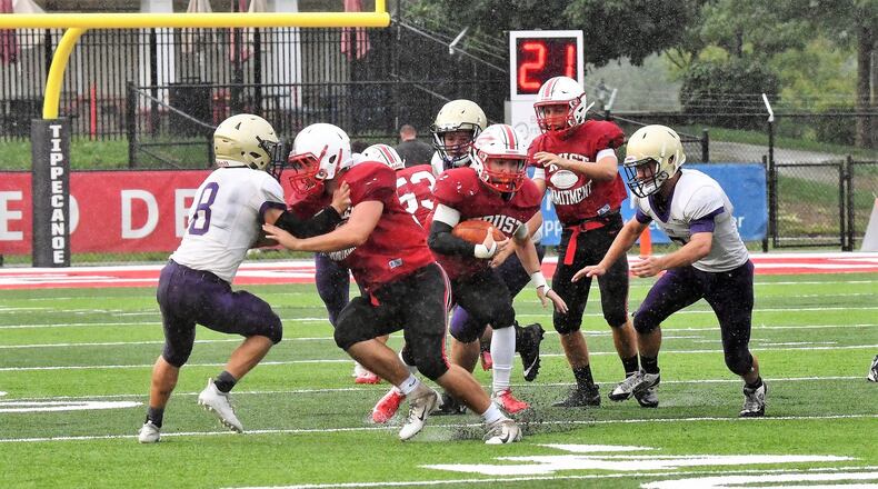 The first phase of the Tipp City stadium project included installation of new synthetic turf. The turf was in use during a high school football game on Aug. 17, 2018. CONTRIBUTED