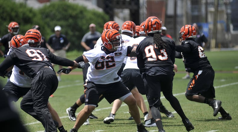 Cincinnati Bengals guard Alex Redmond (62) blocks during an OTA practicce May 30, 2017, at Paul Brown Stadium. JAY MORRISON/STAFF