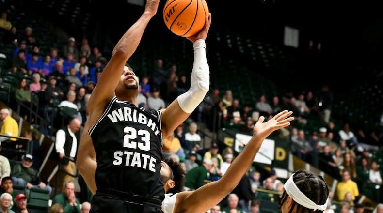 Wright State's Tanner Holden takes a shot inside at Colorado State on Nov. 10, 2023. Wright State Athletics photo