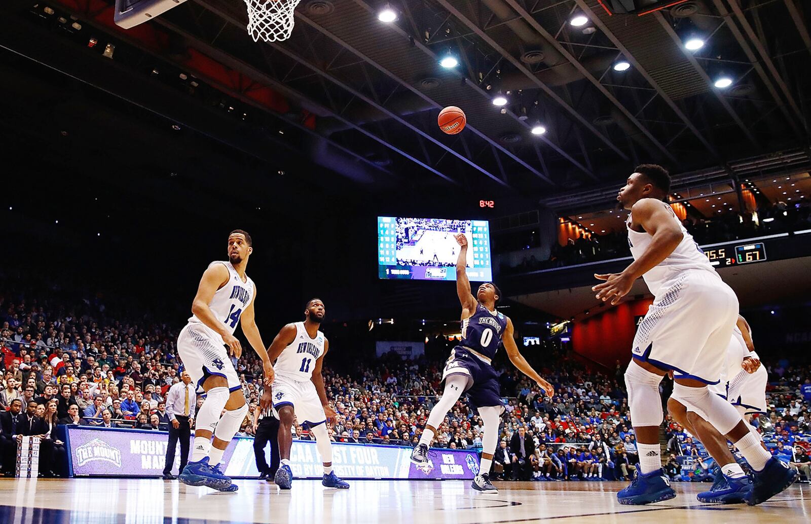 DAYTON, OH - MARCH 14:  Junior Robinson #0 of the Mount St. Mary's Mountaineers shoots the ball against the New Orleans Privateers in the second half of the First Four game in the 2017 NCAA Men's Basketball Tournament at UD Arena on March 14, 2017 in Dayton, Ohio.  (Photo by Gregory Shamus/Getty Images)