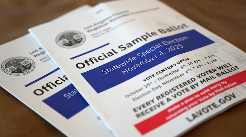 A sample ballot is pictured before early voting starts in California's statewide special election, Friday, Oct. 3, 2025, in Los Angeles. (AP Photo/Paula Ulichney-Munoz)