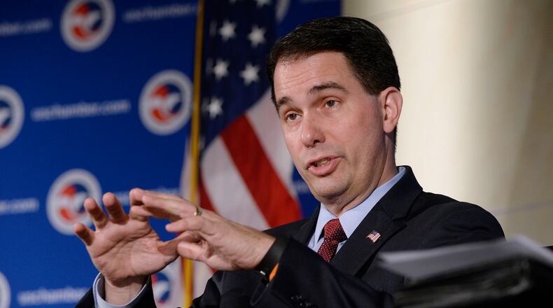 FILE - Wisconsin Gov. Scott Walker speaks at the "Invest in America!" summit at the Chamber of Commerce on Tuesday, April 12 2016, in Washington, D.C. (Olivier Douliery/Abaca Press/TNS)