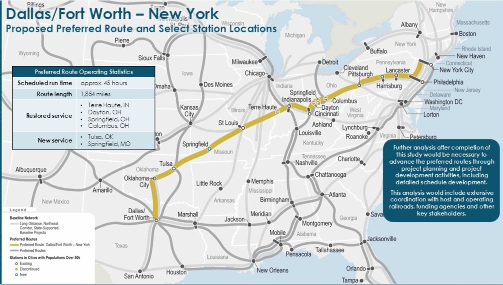 A proposed long-distance passenger rail route between New York and Dallas, Texas, with possible stops and service in Dayton and Springfield. CONTRIBUTED