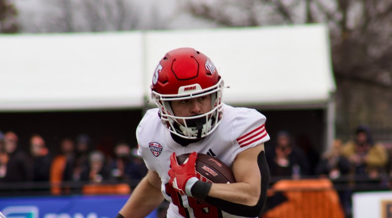 Miami receiver Cade McDonald caught a touchdown pass in the first quarter of Friday's win over Bowling Green.. Kasey Turman/CONTRIBUTED