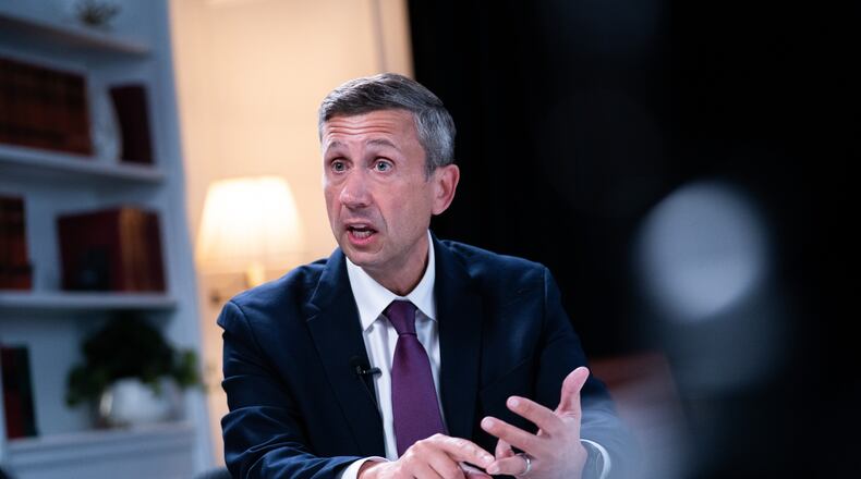 Democratic National Committee chair Ken Martin speaks during an interview with The Associated Press at DNC headquarters, Monday, Jan. 12, 2026, in Washington. (AP Photo/Allison Robbert)