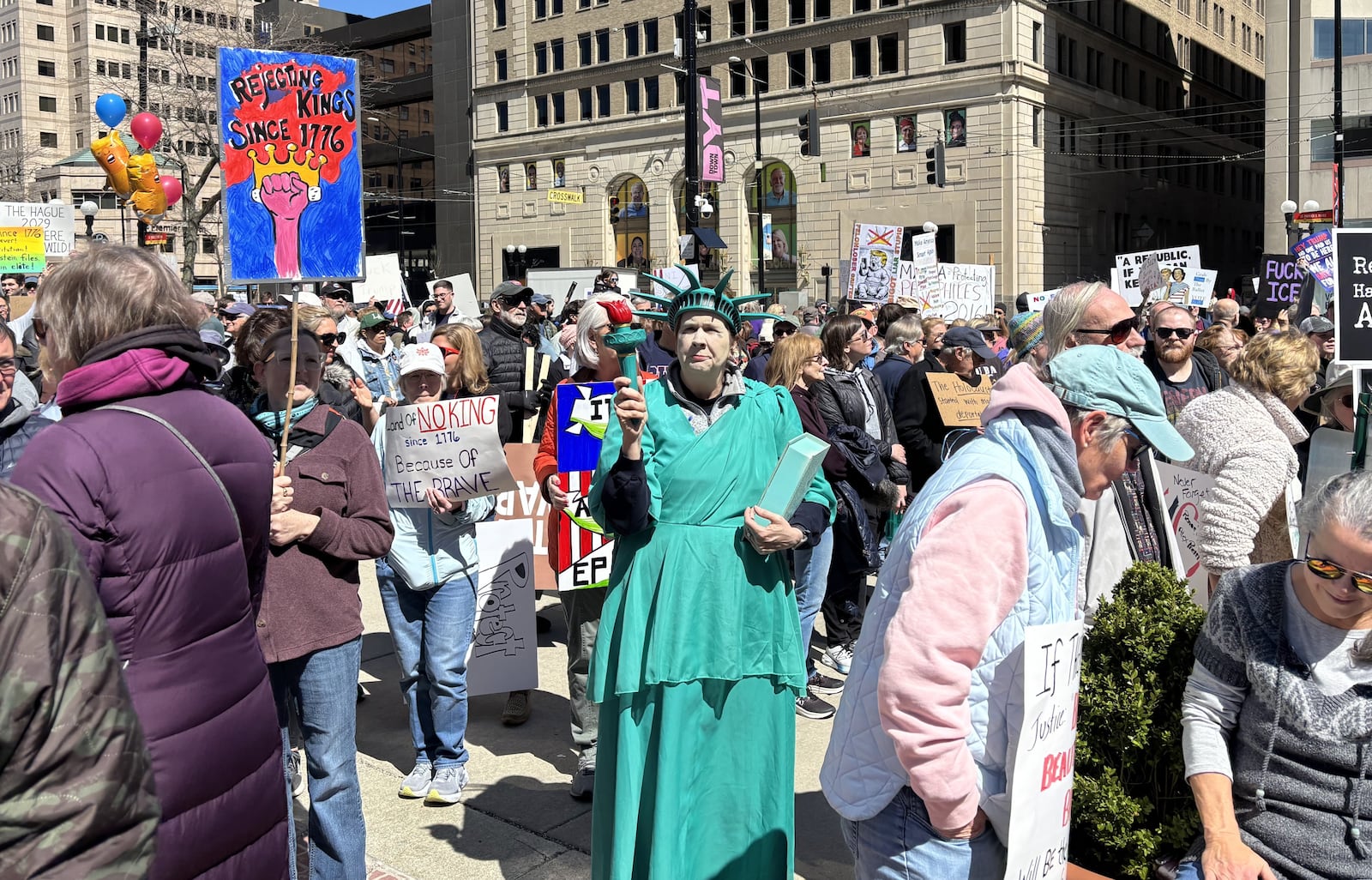 Thousands attended a No Kings protest at Courthouse Square in Dayton Saturday, March 28, 2026. JESSICA OROZCO/STAFF