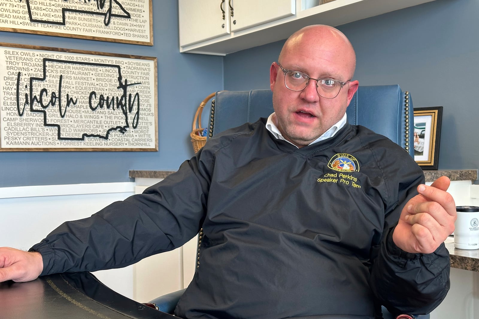 Missouri House Speaker Pro Tem Chad Perkins speaks about his legislation to exemption capital gains from state income taxes on March 10, 2025, at his state Capitol office in Jefferson City, Missouri. (AP Photo/David A. Lieb)