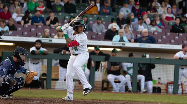 Nick Quintana prepares to swing in a game earlier this season. On Saturday, he doubled in a run and singled home another to help lead the Dragons to a 6-2 victory over South Bend at Day Air Ballpark.